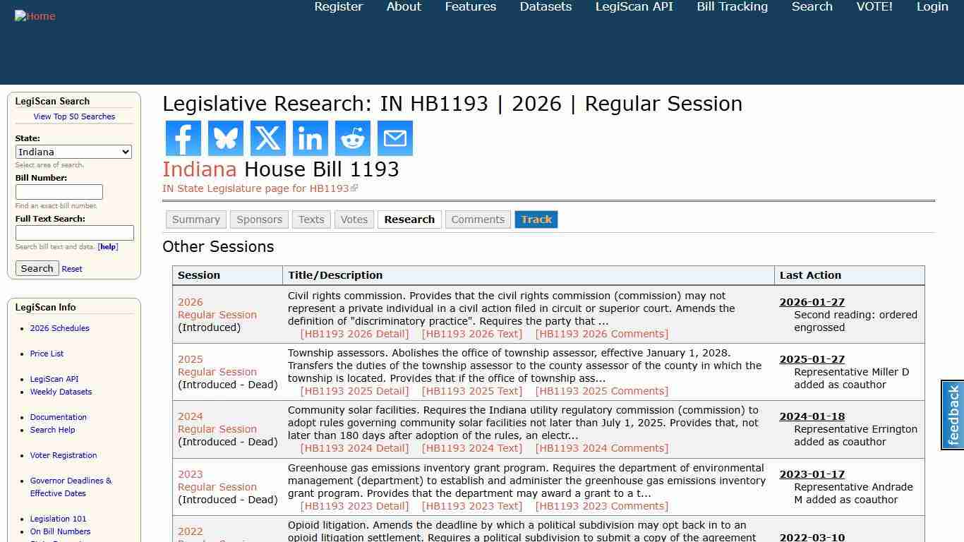 Legislative Research: IN HB1193 2026 Regular Session LegiScan
